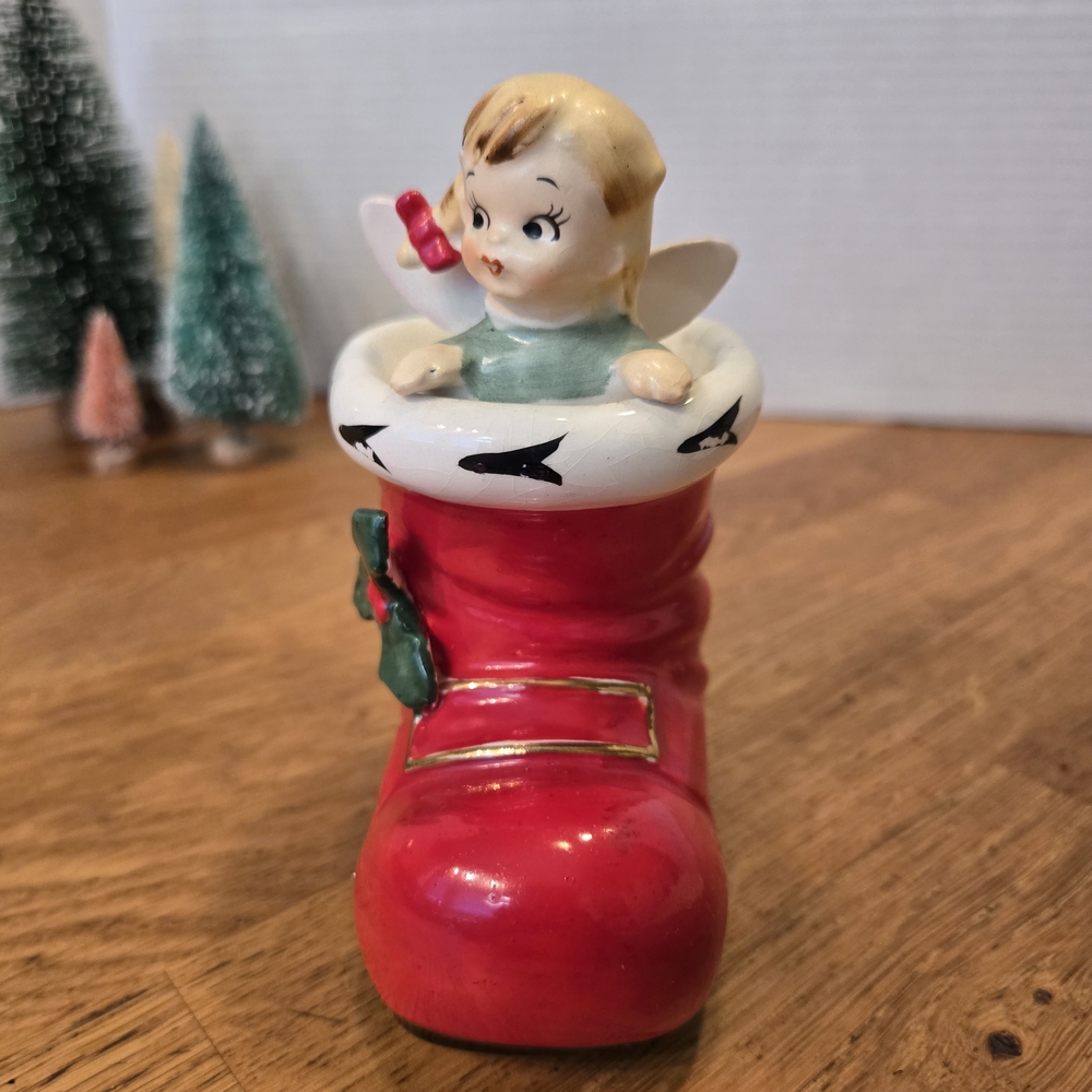 Rare Vintage Lefton Angel in Santa Boot Candleholder 1906 Japan Christmas Figure - Picture 2 of 7